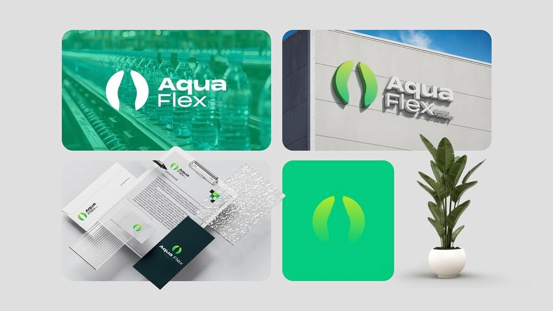 Aqua Flex brand mockups — bottles, signage, stationery and icon