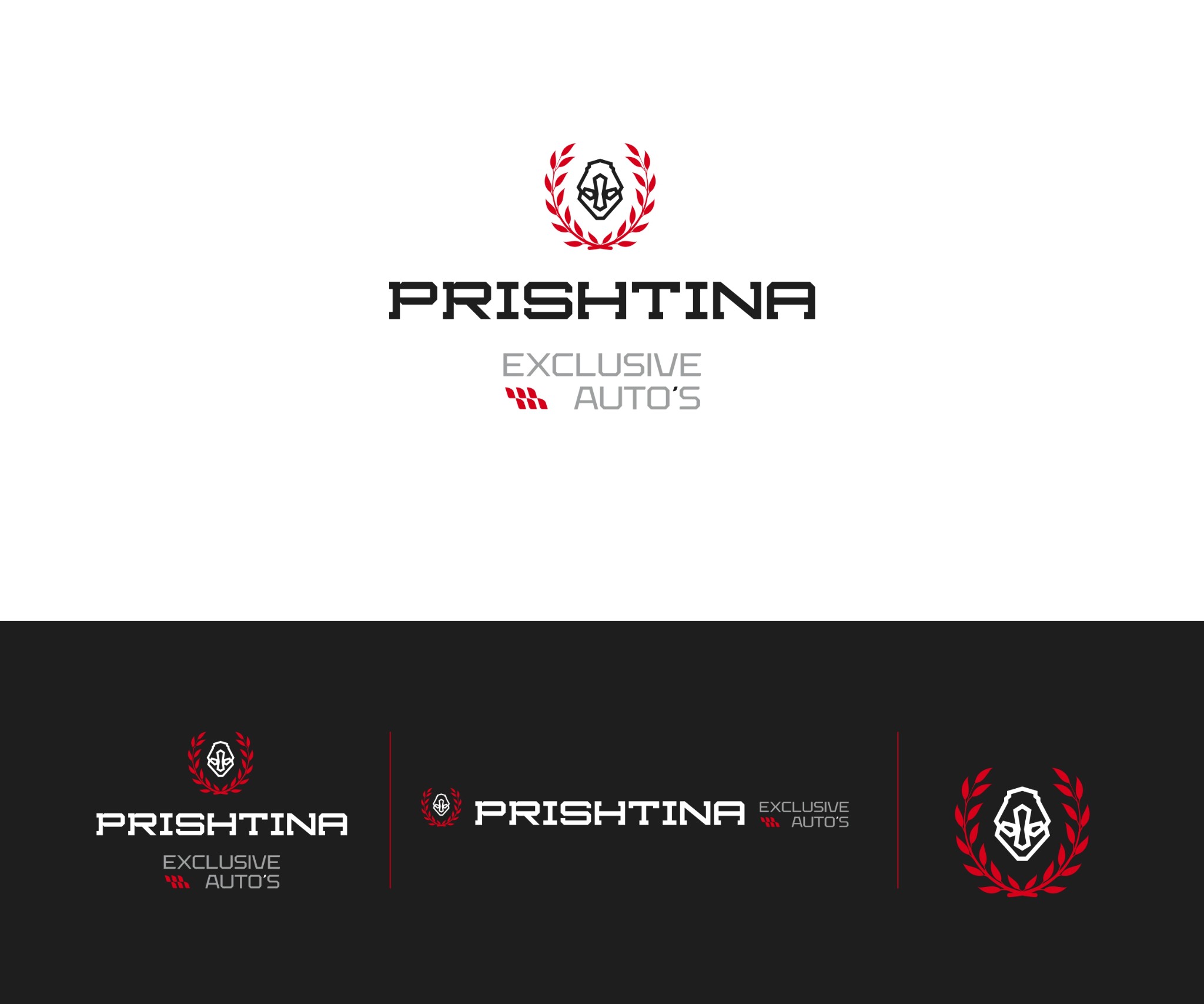 Prishtina Exclusive Auto's logo — primary and secondary forms on white and dark backgrounds