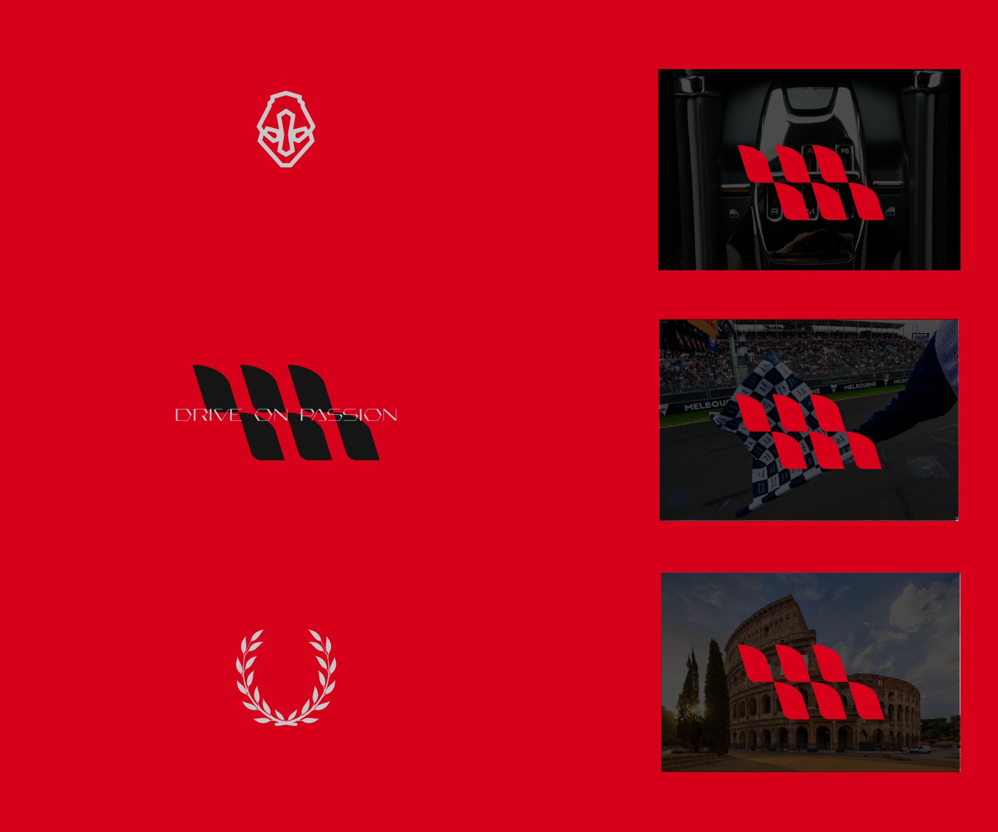Brand color palette — Drive on Passion logo mark and identity elements on red background