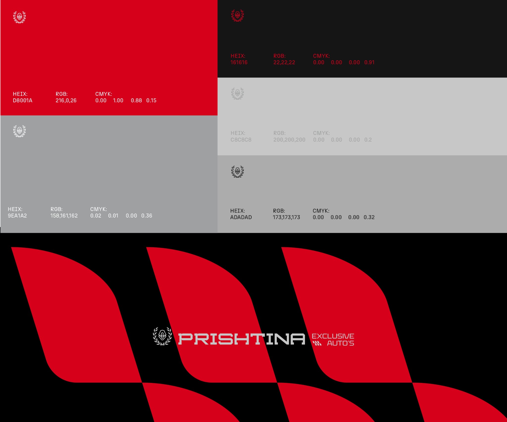 Brand color system — six swatches including red, black, grey and silver with hex and CMYK values