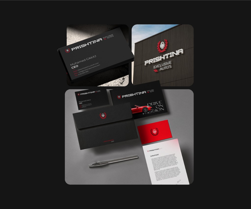 Branded flags — four variants in red and black flying against blue sky