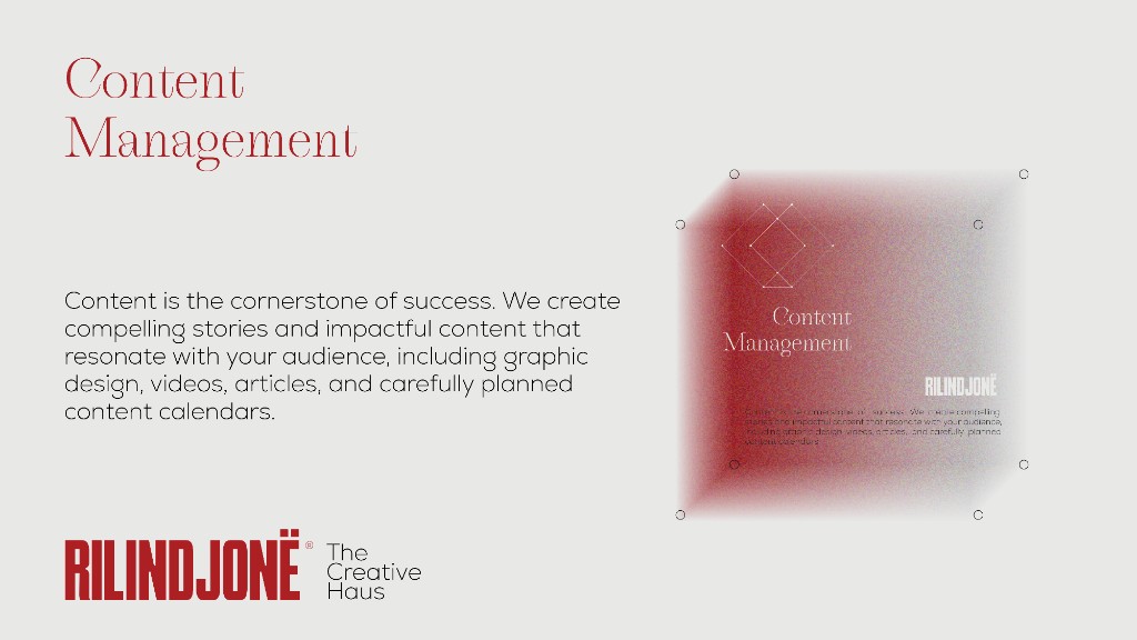 Content Management service slide — graphic design, videos, articles and content calendars